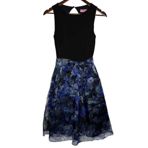 Eliza J Fit and Flare Dress Black and Floral Organza Skirt Belted NEW, size 4 - Picture 1 of 6